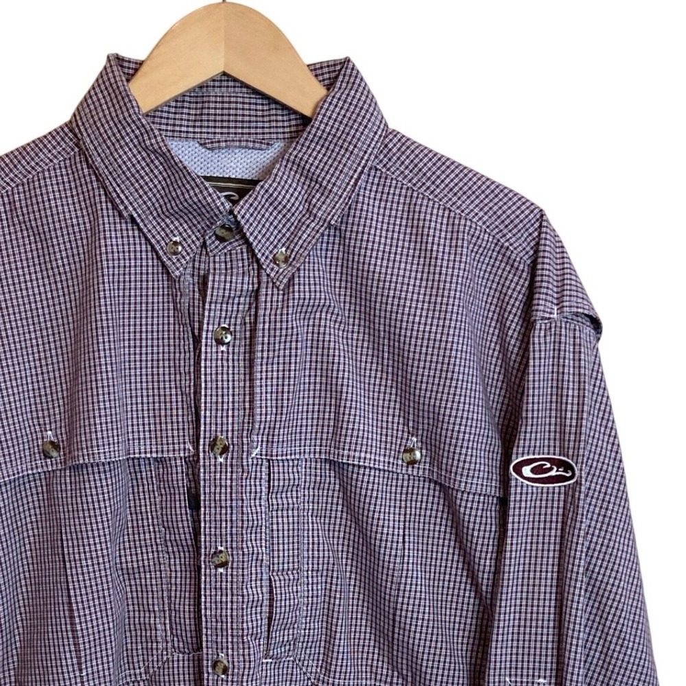 Drake Waterfowl Mens L Maroon Check Ventilated Fishing‎ Hunting Long Sleeve